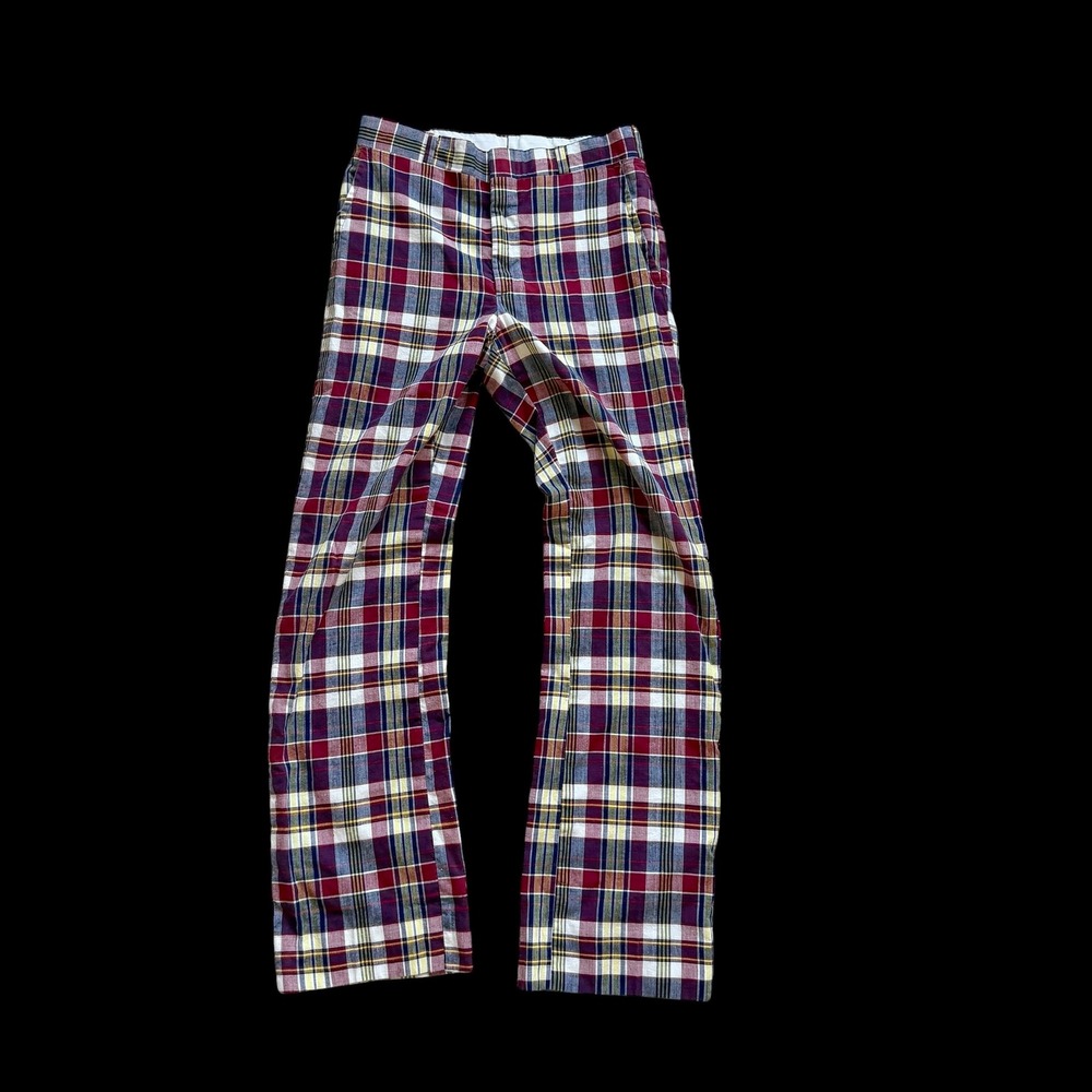 60's Thomson India Madras Plaid Trousers Burgundy Navy Straight Leg Pants 29